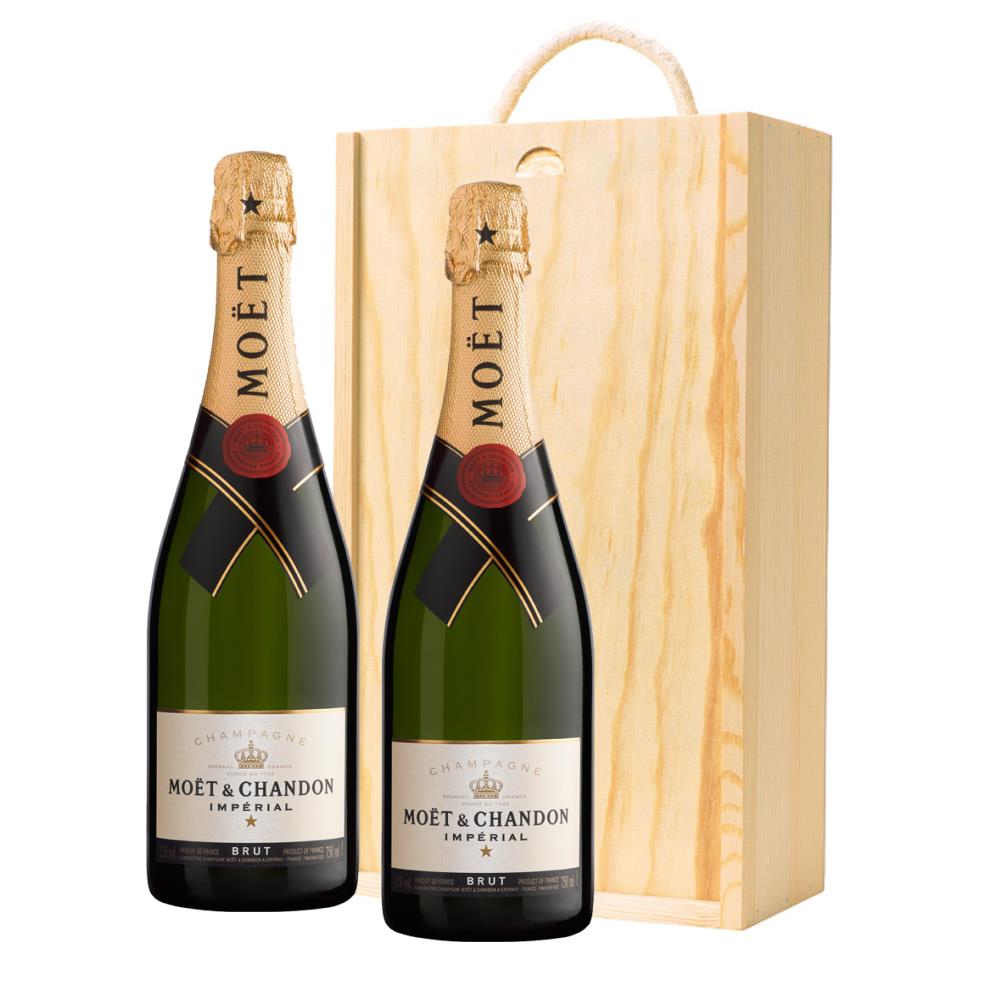 Moet &amp;amp; Chandon Brut Imperial Champagne 75cl Twin Pine Wooden Gift Box (2x75cl)